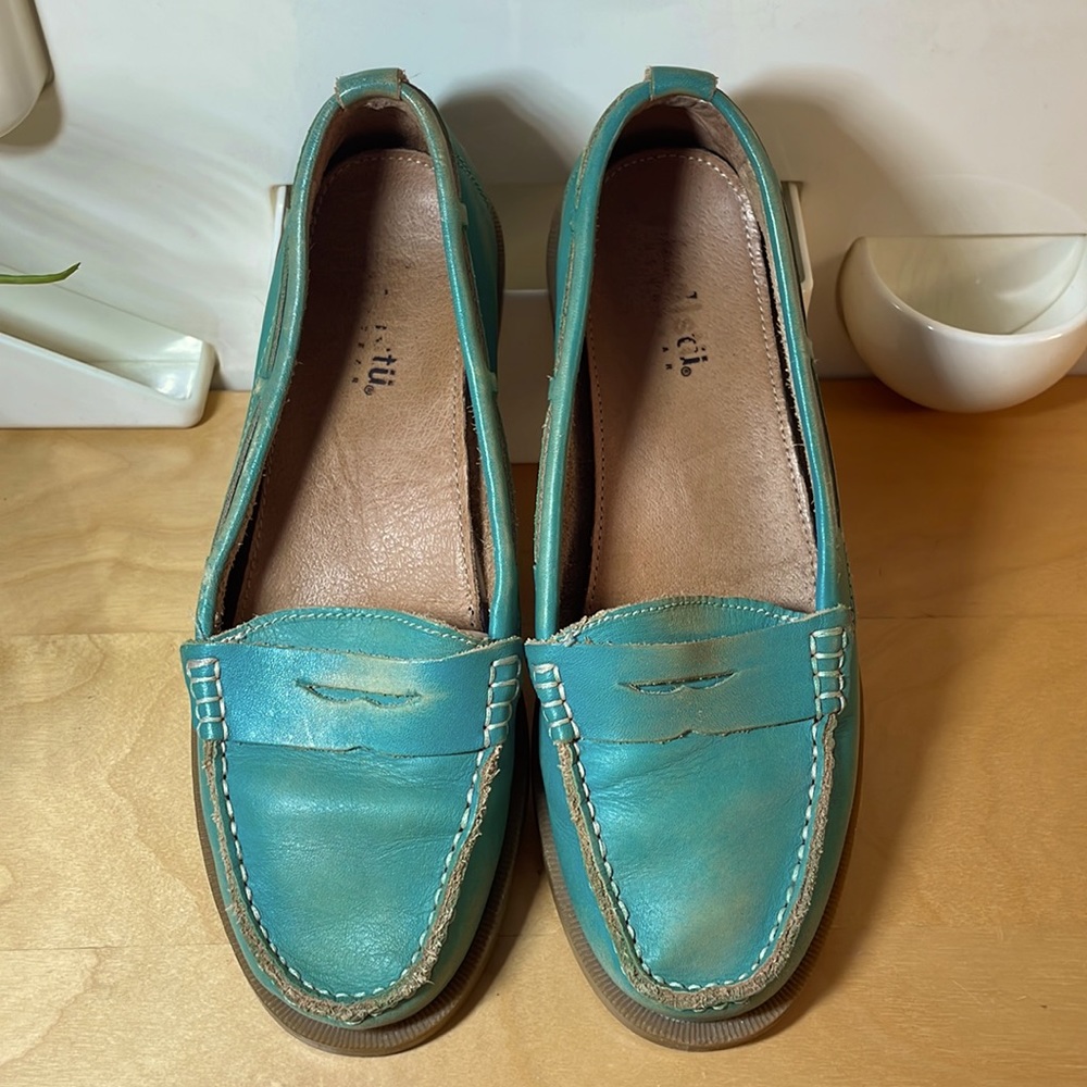 Bed Stu leather teal green penny loafer Anthropologie comfort shoe 38 8 8.5